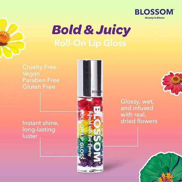 Blossom Roll on Lip Gloss, Scented Clear High Shine Moisturizing Lip Oil, Non Sticky, Infused with Real Flowers, Made in U...
