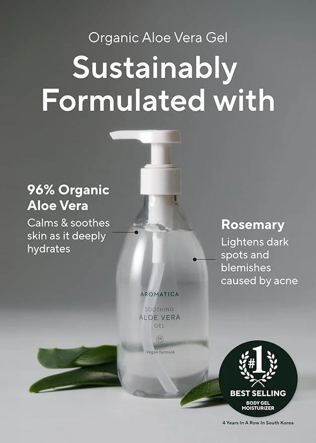 AROMATICA Organic Aloe Vera Gel 10.14oz/300ml, After Sun Care And Sunburn Relief with Pure Aloe Vera Gel Face&Hair, Sun Bu...