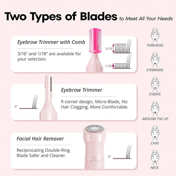 Women's Eyebrow Trimmer & Facial Hair Remover, 2 in 1, Double Rotating Blades, Safe, Painless, Hypoallergenic, Rechargeabl...
