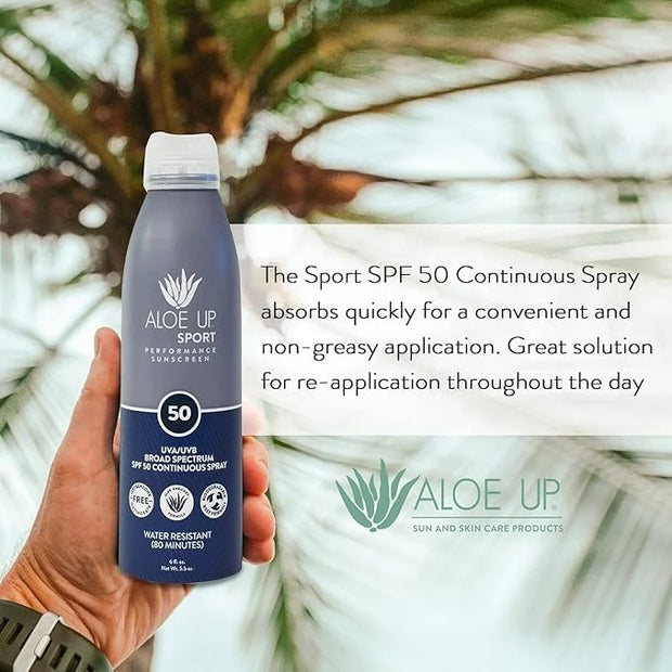 Aloe Up Sport Continuous Spray Sunscreen SPF 50- Broad Spectrum UVA/UVB Sunscreen Protector for Face and Body With Aloe Ve...