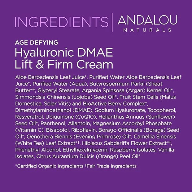 Andalou Naturals Hyaluronic Dmae Lift Firm Skin Cream, Face Moisturizer with Anti Aging Antioxidants, Hydrating, Helps Red...