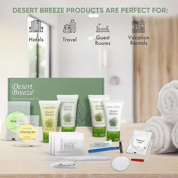 Desert Breeze Amenity & Accessory Kit | 1 oz Travel Size Shampoo, Conditioner, Lotion, Body Wash, Body Bar, Cleansing Bar,...