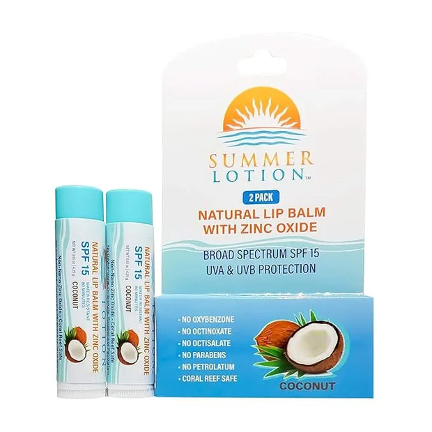 Natural Lip Balm with Zinc Oxide Sunblock by Summer Lotion, SPF 15 Lip Sunscreen 2-Pack, Water Resistant Chapstick, SPF Li...