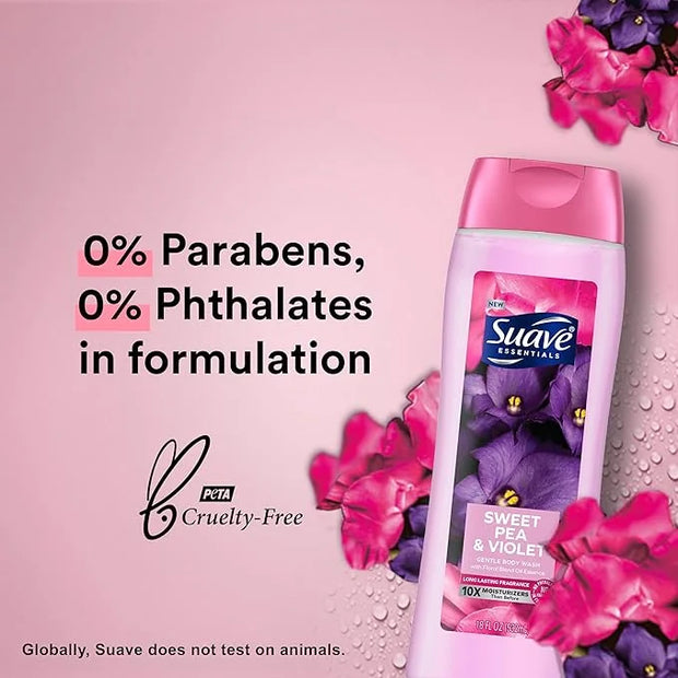 Suave Moisturizing Body Wash, with Sweet Pea Violet and Vitamin E Extract, No Parabens, No Phtahaltes, 18 Fl Oz (Pack of 6...