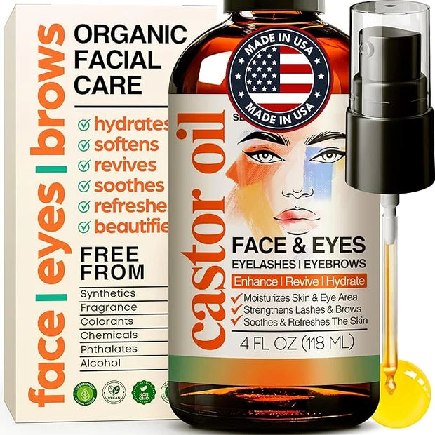 Organic Castor Oil For Face Moisturizer, Eyes, Eyelashes, Eyebrows, Wrinkles with Jojoba, Rosehip, Grapeseed, Squalane, Pa...