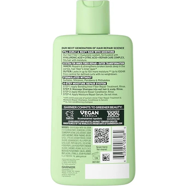 Garnier Fructis Hair Filler Moisture Repair Shampoo, Sulfate Free Shampoo for Curly, Wavy Hair with Hyaluronic Acid, 10.1 ...