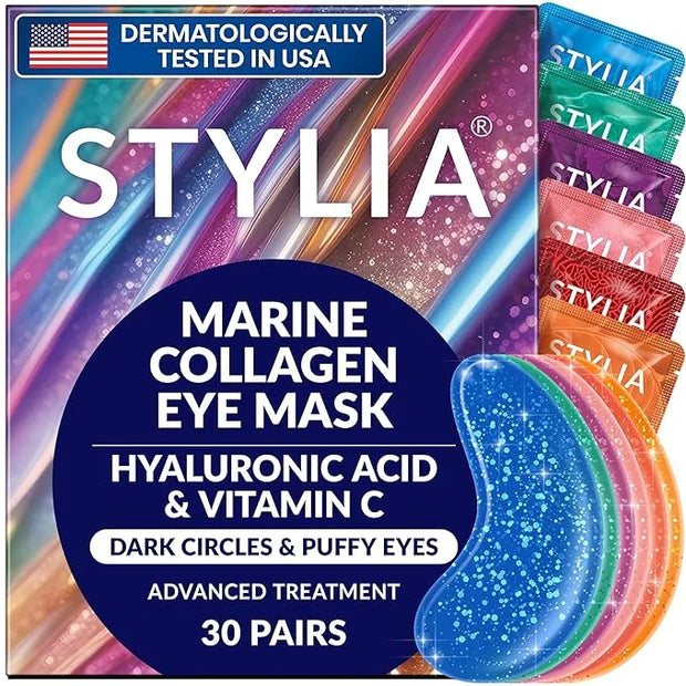 Stylia Under Eye Patches for Puffy Eyes and Dark Circles (30 Pairs) - Marine Collagen Under Eye Mask with Vitamin C, Hyalu...
