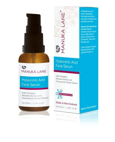 Hyaluronic Acid Serum for Face and Neck with Collagen, Manuka Honey & Chamomile Flower Extract | Plant Based Formula | Car...