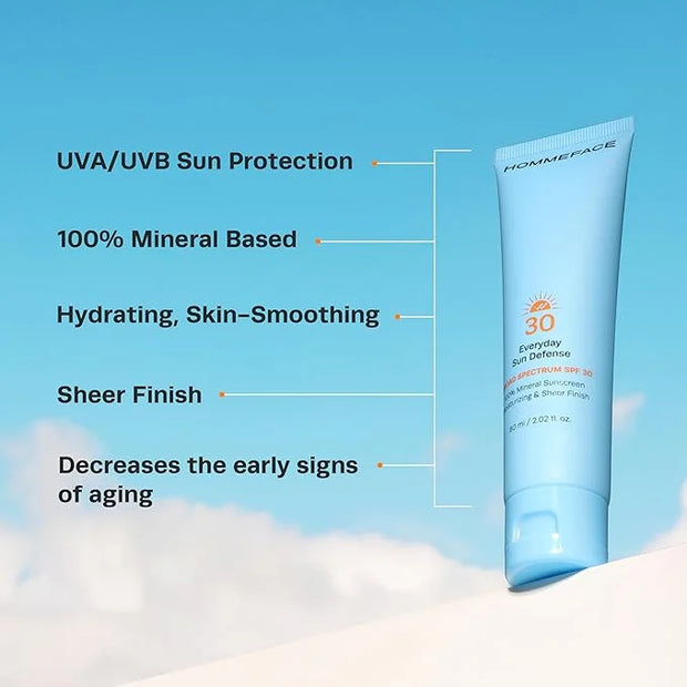 HOMMEFACE Everyday Sun Defense Broad Spectrum SPF 30 - Daily Mineral Face Moisturizer, Facial Sunscreen Lotion, Reef-Safe,...