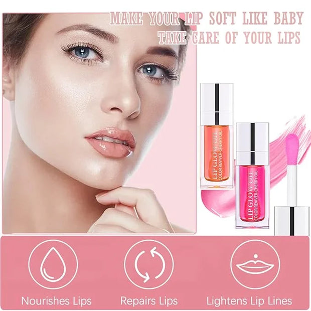 2 Colors Hydrating Plumping Lip Glow Oil,Moisturizing Lip Oil Gloss Transparent Glossy Lip Gloss Primer Lip Tint for Lip C...