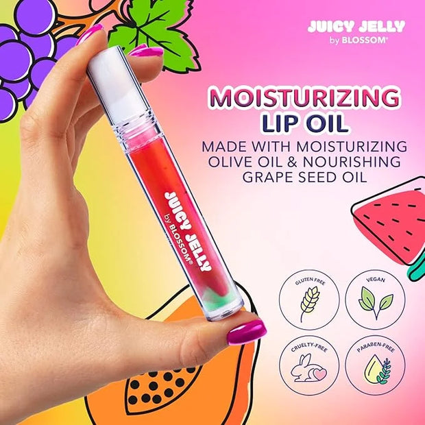 Blossom Juicy Jelly Moisturizing Lip Care Fruit Flavored Nourishing Lip Oil with Doe Foot Wand Applicator, 0.45fl oz, 5 Pa...