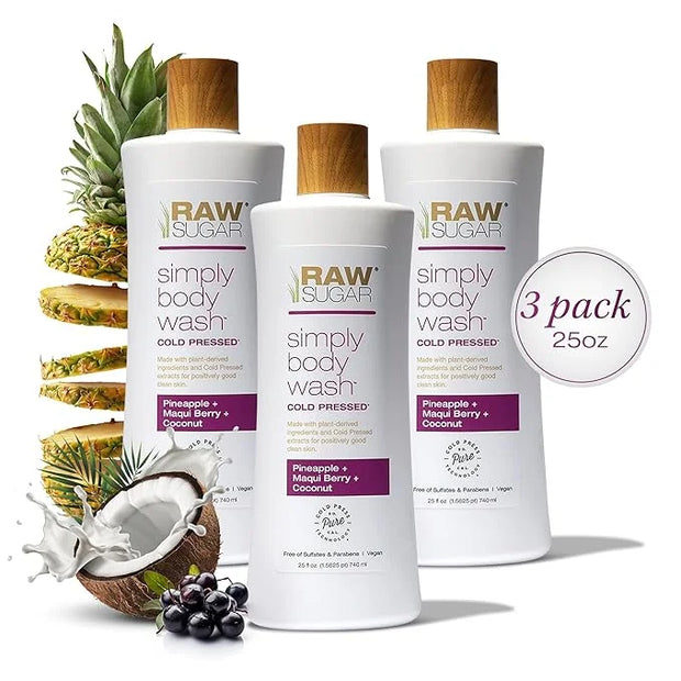 RAW SUGAR Simply Body Wash - Pineapple + Maqui Berry + Coconut, Moisturizing & Brightening Bath & Shower Gel, Sulfate-Free...