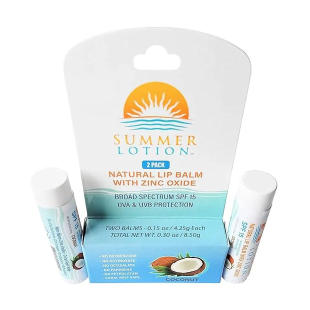 Natural Lip Balm with Zinc Oxide Sunblock by Summer Lotion, SPF 15 Lip Sunscreen 2-Pack, Water Resistant Chapstick, SPF Li...