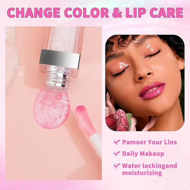 2PCS Hydrating Lip Glow Oil, Plumping Lip Gloss, Clear to Pink Lip Oil Gloss, Transparent Moisturizing Lip Balm, Natural L...