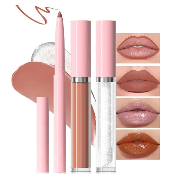 3-in-1Beige Nude Matte Lip Stain Kit | Waterproof Lip Liner + Hydrating Matte Lip Gloss + Nourishing Lip Oil | Long Lastin...