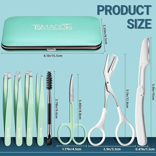 TsMADDTs Tweezers for Women, 8 in 1 Eyebrow Kit with Tweezers, Trimmer, Scissor, Razor, Brush with Travel Bag, Eyebrow Sha...