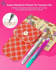 Expert Slant and Point Tip Tweezer Set with Exclusive Travel Case, GlamTweeler Sharp & Precision Tweezer Set for Eyebrows,...