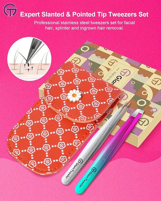 Expert Slant and Point Tip Tweezer Set with Exclusive Travel Case, GlamTweeler Sharp & Precision Tweezer Set for Eyebrows,...