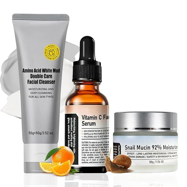 3 Step Facial Skin Care Kit with Snail Mucin Moisturizer & Vitamin C Facial Serum & Amino Acid Facial Cleanser - Korean Sk...
