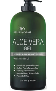 Aloe vera Gel - from 100% Pure Organic Aloe Infused with Manuka Honey, Stem Cell, Tea Tree Oil - Natural Raw Moisturizer f...