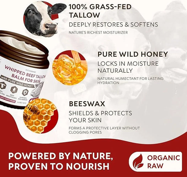 Beef Tallow for Skin, 4 Pack (17.2 fl oz) - Whipped Grass-Fed Moisturizer with Wild Honey & Beeswax, Natural Face & Body C...