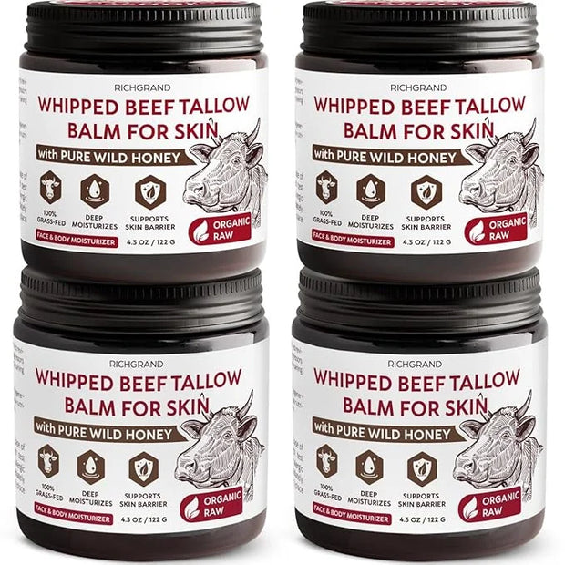 Beef Tallow for Skin, 4 Pack (17.2 fl oz) - Whipped Grass-Fed Moisturizer with Wild Honey & Beeswax, Natural Face & Body C...
