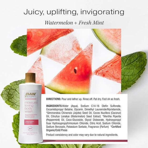 RAW SUGAR Moisture Loving Body Wash - Watermelon + Fresh Mint, Moisturizing & Refreshing Bath & Shower Gel, Sulfate-Free, ...
