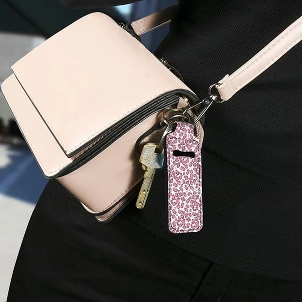 Horeset Pink Leopard Print Chapstick Holder Keychain, Neoprene Girls
