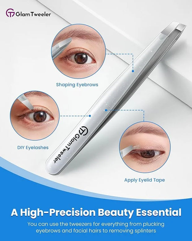 Expert Slant Tip Tweezers with Leather Case, GlamTweeler Sharp & Precision Stainless Steel Tweezer for Eyebrows, Facial Ha...