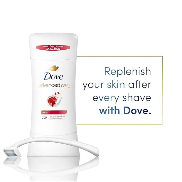 Dove Advanced Care Antiperspirant Deodorant Stick Revive to help skin barrier repair after shaving by boosting skin's cera...