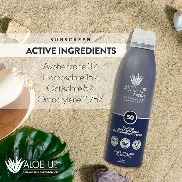 Aloe Up Sport Continuous Spray Sunscreen SPF 50- Broad Spectrum UVA/UVB Sunscreen Protector for Face and Body With Aloe Ve...