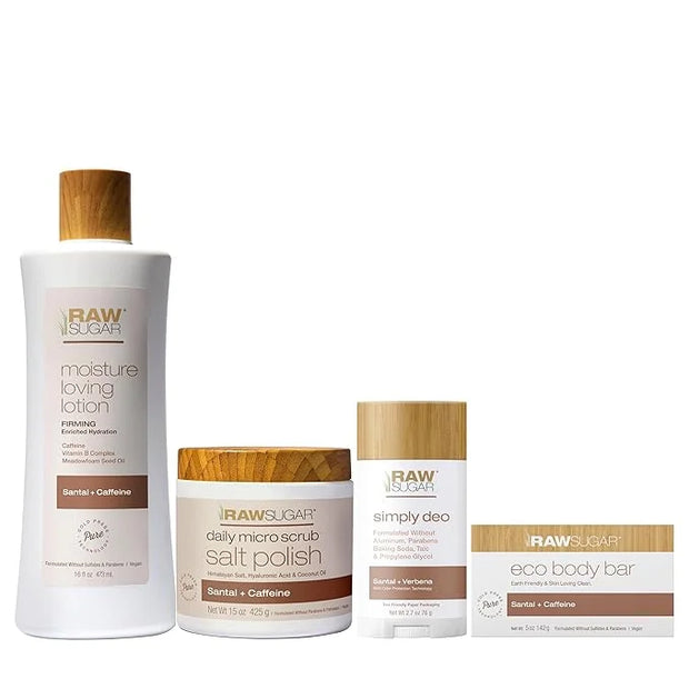 Raw Sugar Santal Body Love Bundle - Body Scrub, Body Lotion, Soap Bar, & Deodorant, Vegan and Cruelty Free, Formulated wit...