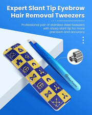 Expert Slant Tip Tweezers with Leather Travel Case, GlamTweeler Sharp & Precision Stainless Steel Tweezer for Eyebrows, Fa...