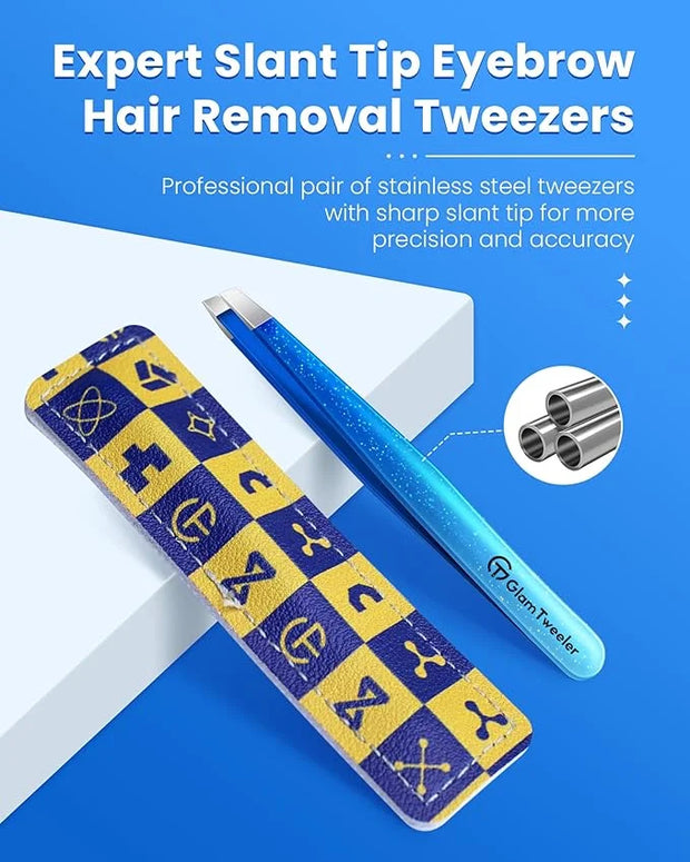 Expert Slant Tip Tweezers with Leather Travel Case, GlamTweeler Sharp & Precision Stainless Steel Tweezer for Eyebrows, Fa...