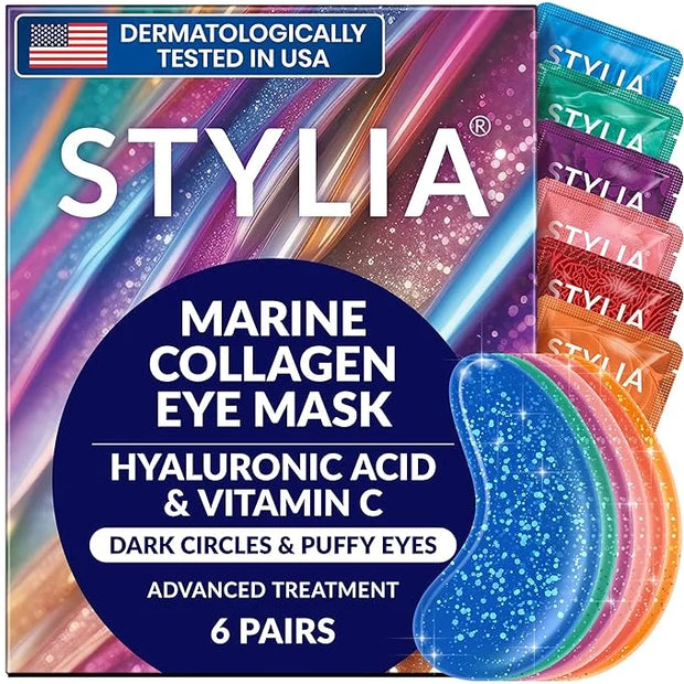 Stylia Under Eye Patches for Puffy Eyes and Dark Circles (6 Pairs) - Marine Collagen Under Eye Mask with Vitamin C, Hyalur...