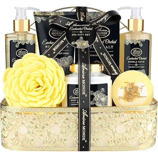 Spa Gift Baskets for Women, Gift Set for Mom Enchanted Orchid Scent, Home Spa Kit with Bubble Bath, Body Lotion, Bath Bomb...
