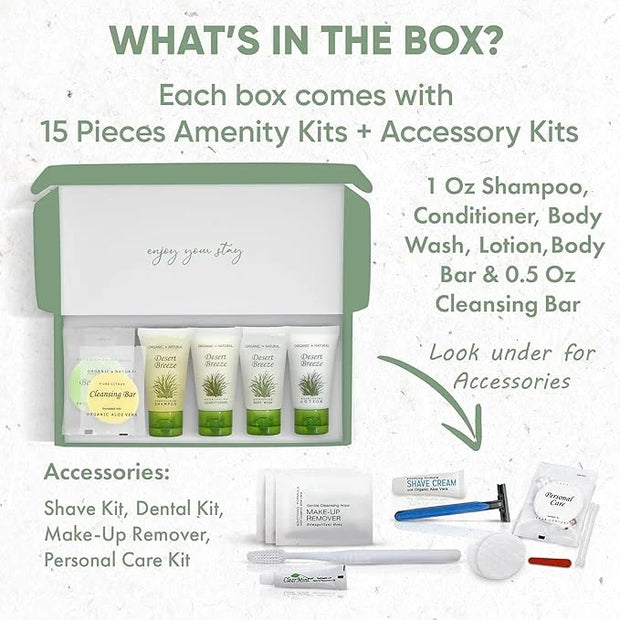 Desert Breeze Amenity & Accessory Kit | 1 oz Travel Size Shampoo, Conditioner, Lotion, Body Wash, Body Bar, Cleansing Bar,...