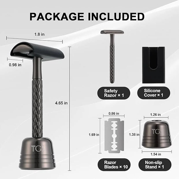 Double Edge Safety Razor for Men with Stand and Silicone Cover - Durable Metal Eco-Friendly Single Blade Safety Razor with...