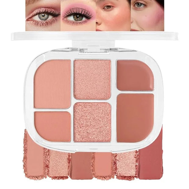 6-in-1 Cream & Powder Makeup Palette – Blush Highlighter & Eyeshadow, Matte & Shimmer Nude Tones, Travel-Friendly Compact ...
