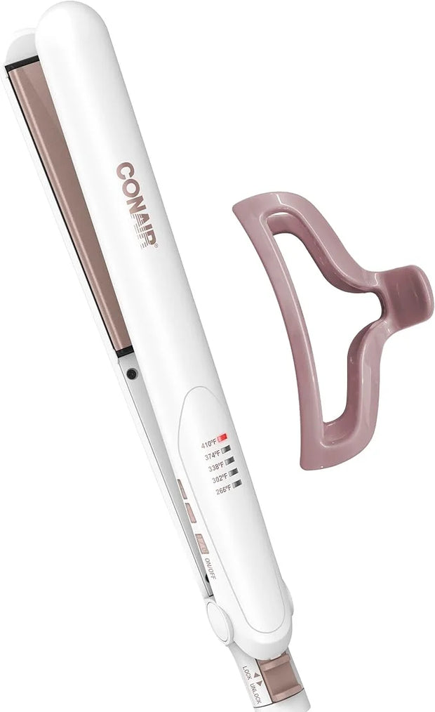 Conair Double Ceramic Flat Iron, 1-inch Hair Straightener with Bonus Claw Clip - Product Image