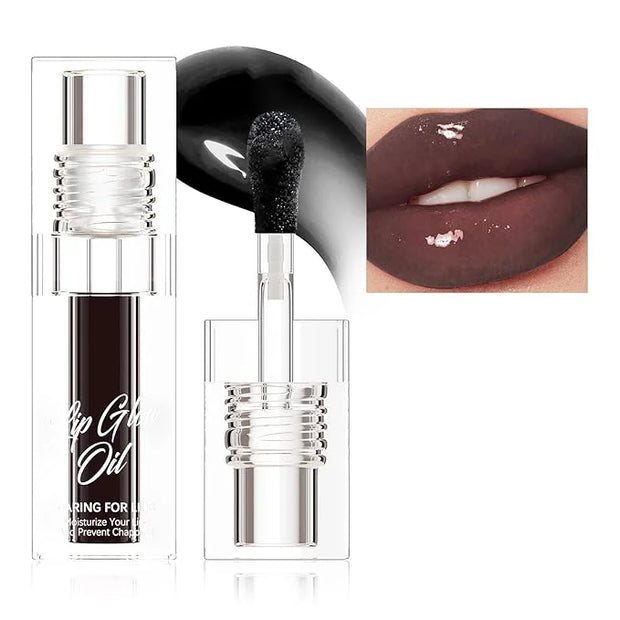 Hydrating Lip Glow Oil for Women, Color Changed Lip Plumper Gloss Moisturizing Nourishing Black Big Brush Head Lip Oil Smo...