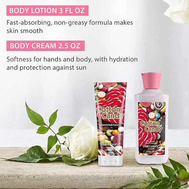 Cotton Candy Bath & Body Kit, 3 Fl Oz, Ideal Skincare Gift Home Spa Set, Includes Body Lotion, Shower Gel, Body Cream, and...