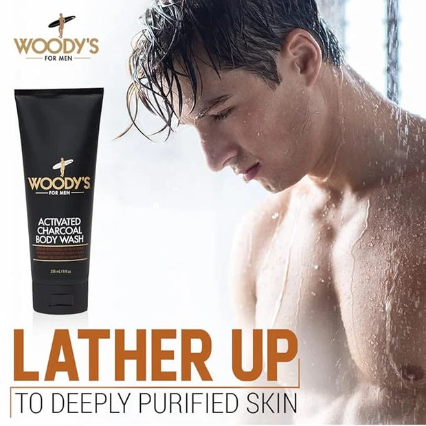 Woody's Activated Charcoal Body Wash for Men - Deep Cleansing, Exfoliating Face & Body Wash, Hydrating Formula with Walnut...