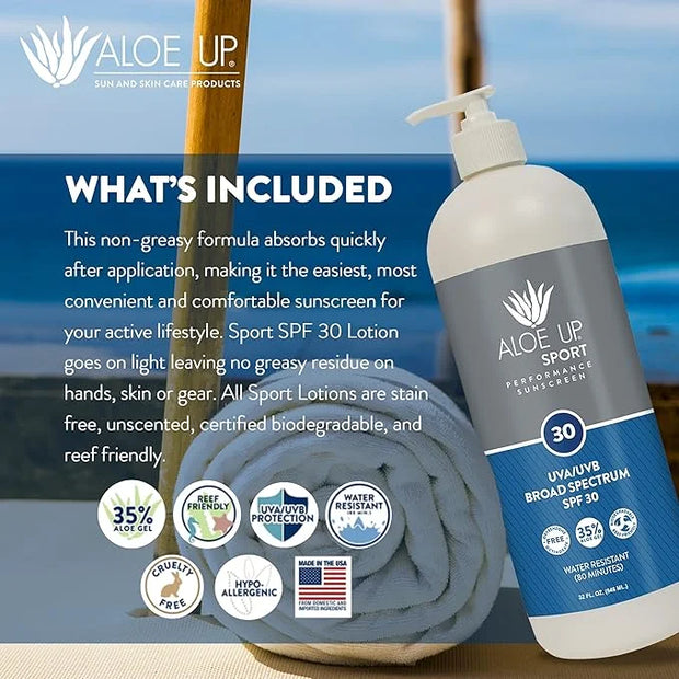 Aloe Up Sport Sunscreen Lotion SPF 30 - Broad Spectrum UVA/UVB Sunscreen Protector for Face and Body With Hydrating Aloe V...