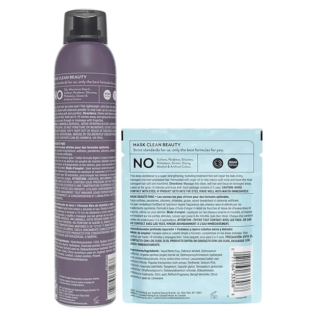 HASK Charcoal Clarifying Dry Shampoo Duo (4.3oz-Qty 2) & Argan Oil Repairing Deep Conditioner Packette, Aluminum-Free, Sul...