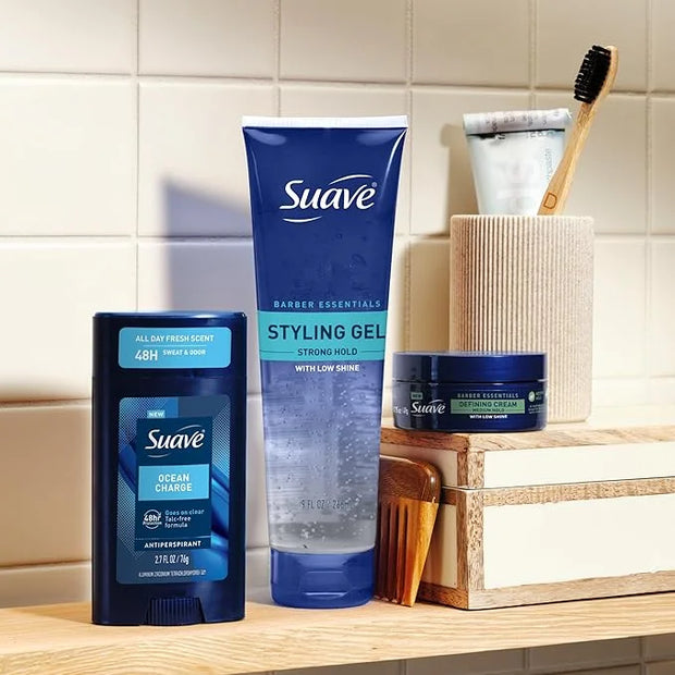 Suave Hair Gel For Men Barber Essentials Styling, Strong Hold and Low Shine, No Flakes, Barber-Quality Results, 9 oz - Pro...