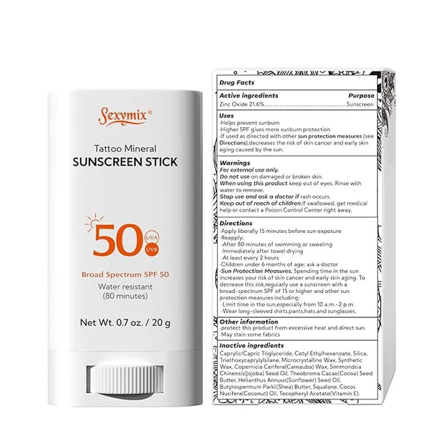 Sexymix Tattoo Sunscreen Stick, SPF 50 Waterproof Sunscreen Stick Broad Spectrum UVA/UVB Protection 0.7 oz with Zinc Oxide...