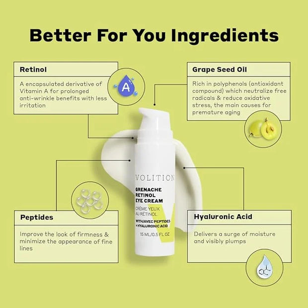 Volition Beauty Grenache Retinol Eye Cream - with Niacinamide & Peptides to Help Improve Look of Crows Feet & Wrinkles (15...