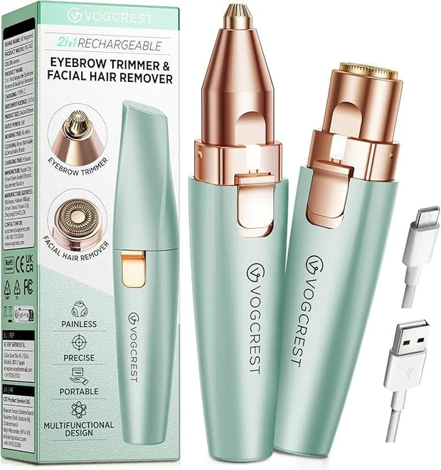 Eyebrow Facial Trimmer: 2 in1 Rechargeable Facial Hair Removal and Eyebrow Shaver - Face Lips Body Painless Facial Razor w...