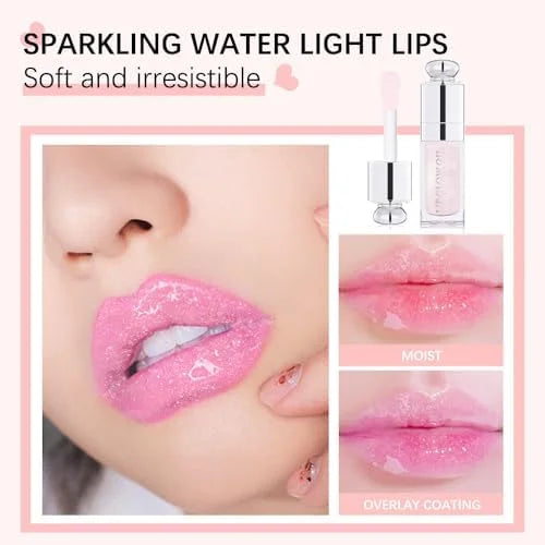 Plumping Lip Oil,Hydrating Gloss Tinted Lip Balm Transparent Lip Care,Big Brush Head Glitter Shine,Long Lasting Nourishing...